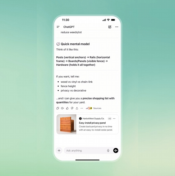 Exemplo de anúncio patrocinado dentro do ChatGPT, exibido como um card abaixo da resposta da IA e claramente marcado como 'Ad'.