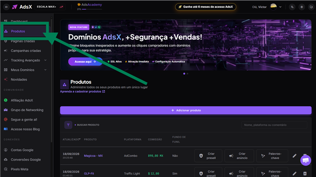 AdsX side menu with the Products item highlighted